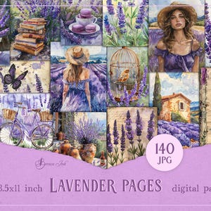 Lavender pages bundle, lavender digital paper, lavender junk journal, purple collage sheet, shabby chic scrapbook, summer flowers journal