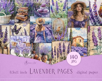 Bundel met lavendelpagina's, lavendel digitaal papier, lavendel junkdagboek, paars collagevel, shabby chic plakboek, zomerbloemendagboek
