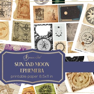 Op de afbeelding: Een verzameling van 20 afdrukbare digitale papieren met vintage illustraties van de zon en de maan. De papieren zijn 21,6 x 27,9 cm groot en perfect voor scrapbooking, kaartmaken en andere knutselprojecten.