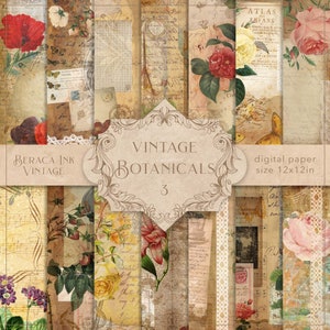 Papel digital botánico vintage 3, papel para scrapbooking, papel efímero, fondo antiguo, letras vintage, diario basura, páginas florales