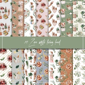 Zero Waste Lebensmittel digitales Papier, organisches Leben Hintergrund, Aquarell Lebensmittel, Recyclingpapier, umweltfreundliche, vegane Produkte, plastikfrei, Bambus