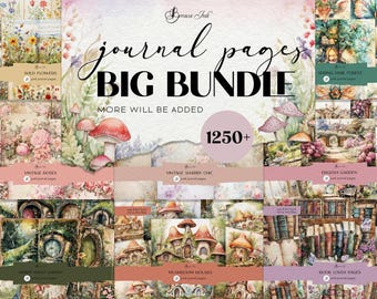 Op de afbeelding: Een collage van aquarel illustraties met verschillende thema's, waaronder wilde bloemen, vintage rozen, paddenstoelenhuizen en boekliefhebber pagina's. De tekst "journal pages BIG BUNDLE" en "1250+ MORE WILL BE ADDED" wordt weergegeven op de afbeelding.