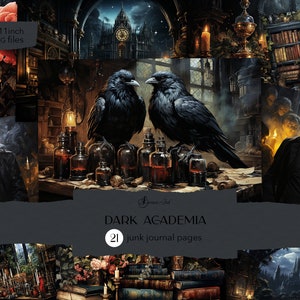 Schwarze Academia-Journalseiten, druckbares digitales Journal, Bibliotheksbücher-Collage, viktorianisches Scrapbook-Bastelpapier, mystische Ephemera