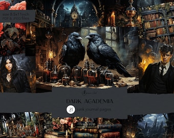 May include: A collage of images with a dark academia theme. The images include a clock tower, ravens, books, candles, potions, a woman with dark hair, and a man in a suit. The text "DARK ACADEMIA" and "21 junk journal pages" is also included.