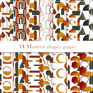 May include: Set of 14 digital paper patterns featuring modern geometric shapes in shades of brown, orange, yellow, and green on a white background.  The text "14 Modern shapes paper" is displayed at the top of the image.