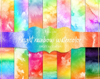 Bright rainbow watercolor digital paper, watercolour texture, rainbow backdrop, rainbow scrapbooking paper, ombre background, planner paper