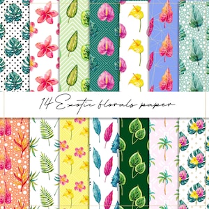 May include: A set of 14 digital papers featuring exotic floral and tropical leaf patterns. The patterns include pink and yellow flowers, green leaves, and geometric designs. The papers are perfect for scrapbooking, card making, and other crafting projects.