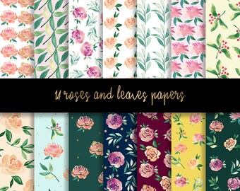 Summer digital paper, roses digital paper, floral digital papers, leaves paper, watercolor flowers paper, gold flower paper, floral pattern