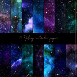 May include: A set of 14 digital watercolour galaxy backgrounds. The backgrounds feature a dark blue, black, and purple colour scheme with white stars and nebulae.