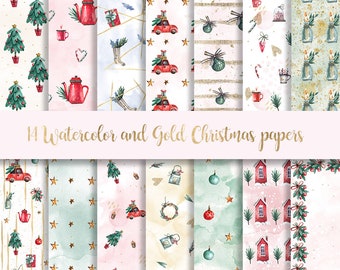 Può includere: Una collezione di 14 carte natalizie ad acquerello e oro. I motivi includono alberi di Natale, auto rosse con regali, ornamenti e case. Il testo "14 Watercolor and Gold Christmas papers" è scritto in oro.