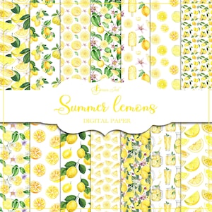 Sommer Zitronen, digitales Papier, nahtlose Muster, Zitrus Papier, Limonade Hintergrund, Aquarell Zitrone, Blumenblätter, Stoffdesign, gelbes Papier