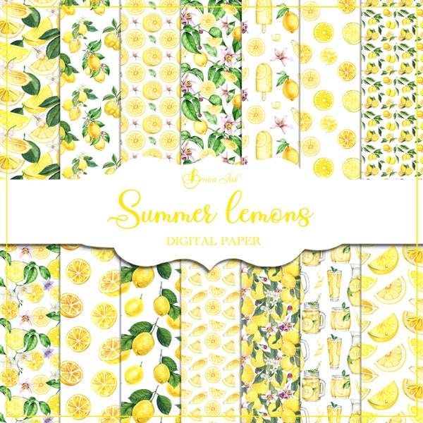 Summer lemons digital paper, seamless pattern, citrus paper, lemonade backdrop, watercolor lemon, floral leaves, fabric design, yellow paper