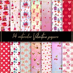 Könnte beinhalten: Eine Sammlung von 14 Aquarellpapieren zum Valentinstag mit verschiedenen Mustern. Designs umfassen Herzen, Teddybären, Weinflaschen, Blumen und Kuchen. Der Text "14 watercolor Valentine papers" wird in goldener Schrift auf schwarzem Hintergrund angezeigt.