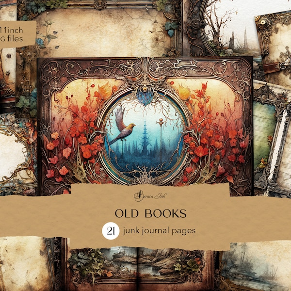 Old books junk journal, printable steampunk digital journal, library collage sheet, vintage book page scrapbook, dark academia ephemera