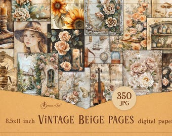 Vintage beige pages bundle, floral digital paper, neutral junk journal, flower collage, shabby chic scrapbook, beige vintage roses journal