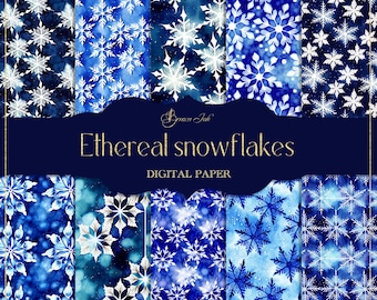 Ethereal snowflakes digital paper, seamless pattern, watercolor winter, snow background, blue winter paper, Christmas scrapbook,