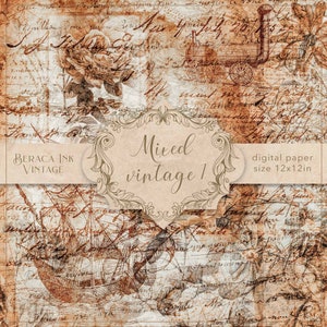 May include: A digital paper background with a vintage aesthetic. The paper features a brown and white color scheme with handwritten text, a rose, a ship, and a train. The text "Mixed vintage 1" is in a decorative frame. The text "digital paper size 12x12in" is also included.