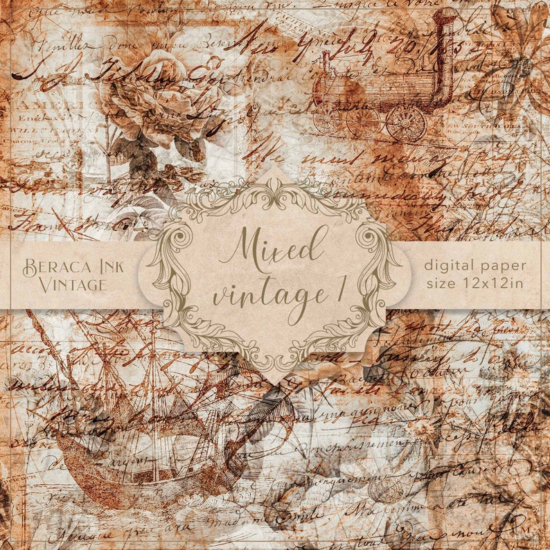 May include: A digital paper background with a vintage aesthetic. The paper features a brown and white color scheme with handwritten text, a rose, a ship, and a train. The text "Mixed vintage 1" is in a decorative frame. The text "digital paper size 12x12in" is also included.
