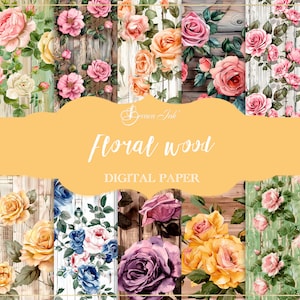 Papel digital de madera con diseño floral, papel para álbumes de recortes, estilo shabby chic, patrón sin costuras de madera vintage, papel tapiz de rosas, manualidades con flores, fondo de madera rústica