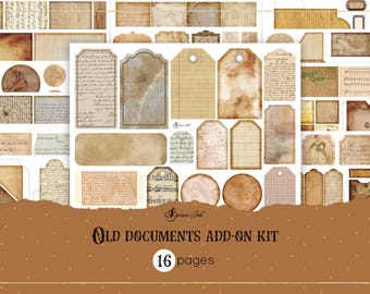 Old documents add-on kit, vintage letters junk journal, ephemera pockets, printable postcard, grunge labels, music sheet tag, antique letter