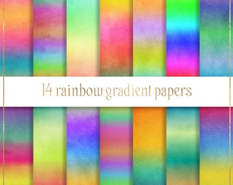 Könnte beinhalten: Ein Set mit 14 digitalen Papieren mit Regenbogen-Verlaufsmustern. Die Papiere haben eine aquarellartige Textur und sind perfekt, um Ihren Designs einen Hauch von Farbe zu verleihen.