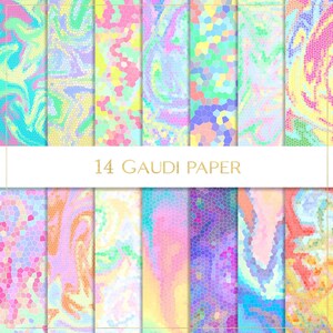 May include: A set of 14 digital papers featuring a stained glass style design with pastel colors and swirling patterns. The papers are labeled "14 Gaudi Paper".