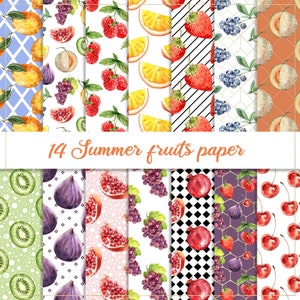 May include: A set of 14 digital papers featuring watercolor illustrations of summer fruits. The papers include patterns of kiwi, figs, pomegranates, grapes, strawberries, cherries, blueberries, lemons, and melons. The papers are perfect for scrapbooking, card making, and other craft projects.