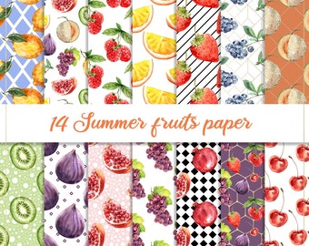 Summer fruits digital paper, seamless pattern, lemon background, strawberry paper, kiwi, melon, fig backdrop, grapefruit, grapes, cherry