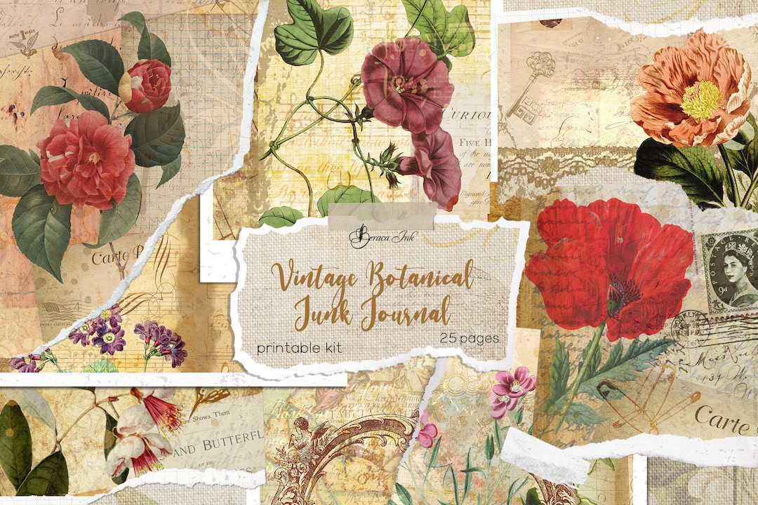 Vintage Botanical Junk Journal Kit, Printable Digital Pages, Antique ...