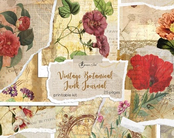 Kit de diario botánico vintage, páginas digitales imprimibles, hoja de collage floral antigua, scrapbooking vintage, flores efímeras