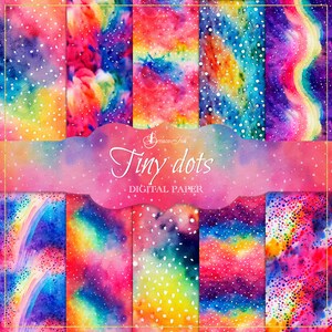 May include: A collection of digital paper designs with watercolor textures and tiny white dots. The color palette includes vibrant hues of red, orange, yellow, green, blue, and purple. The text "Tiny dots DIGITAL PAPER" is displayed in the center.