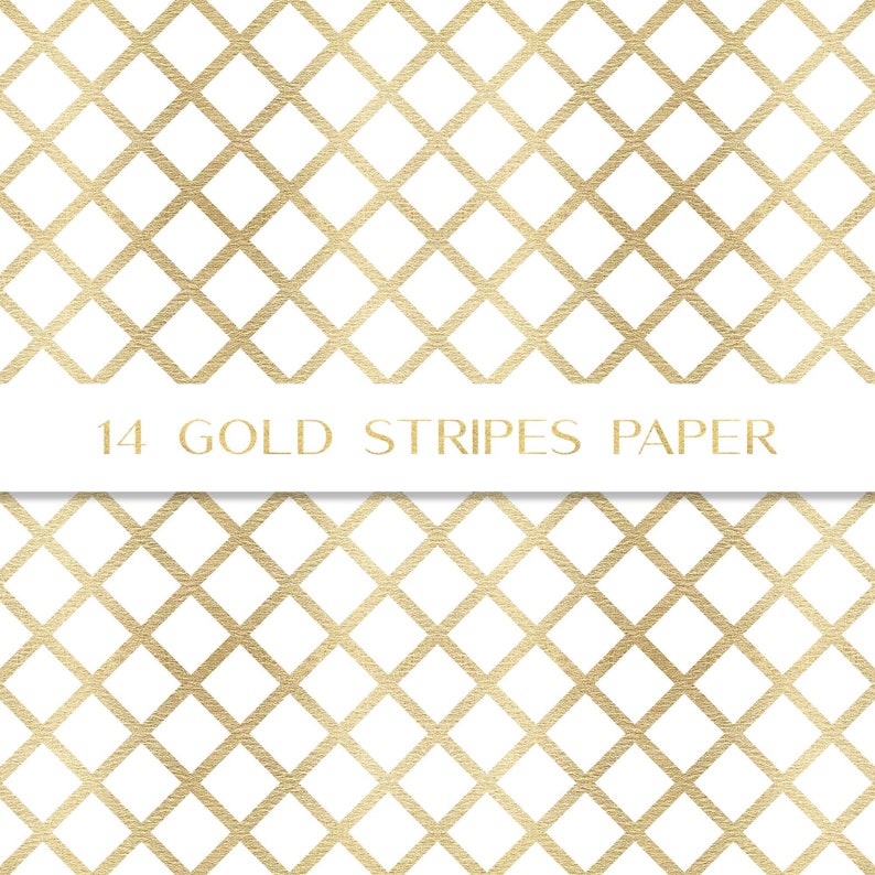 May include: A white background with a repeating pattern of gold diagonal lines forming diamond shapes. The text "14 GOLD STRIPES PAPER" is centered at the top of the image.