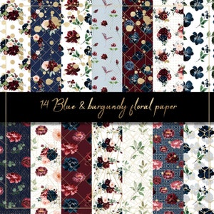 Carta digitale con fiori blu e bordeaux, motivo senza soluzione di continuità, fiori blu navy, fiori acquerellati, invito di nozze, sfondo floreale rosso