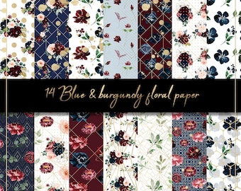 Digitales Papier mit blauen und weinroten Blumen, nahtlose Muster, blaue Blumen, Aquarell Blumen, Hochzeitseinladung, roter floraler Hintergrund