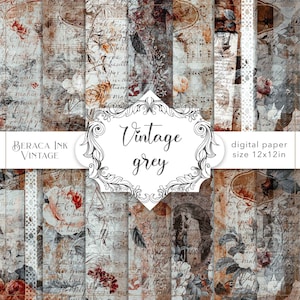 Vintage grijs digitaal papier, vintage ephemera, antieke brieven, scrapbookingpapier, botanisch junkdagboek, collagevellen, shabby chic