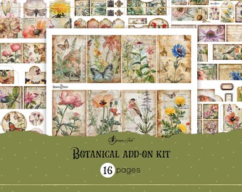 Botanische uitbreidingsset, bosplanten junkdagboek, efemere kruiden, afdrukbaar bloemenlabel, vintage bloemenpapier, grunge bostags
