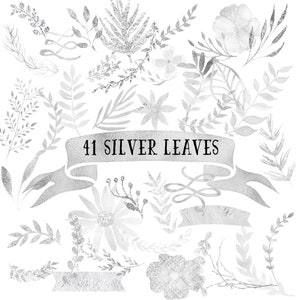 Clipart de feuilles de paillettes argentées, éléments de design floral (téléchargement numérique PNG)