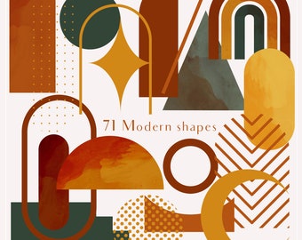 71 Modern shapes clipart, geometric clip art, terracotta elements, boho shapes, mid-century png, abstract wall art, grunge texture, neutral