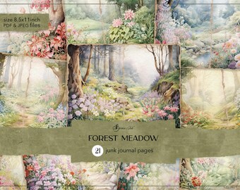 Dagboekpagina's bosweide, junkjournaal wilde bloemen, digitaal vlinderdagboek, pastel shabby chic papier, bloemenplakboek, lenteweide