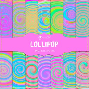 May include: A set of 12 digital papers featuring a swirling, colorful lollipop design. The papers are perfect for scrapbooking, card making, and other craft projects.