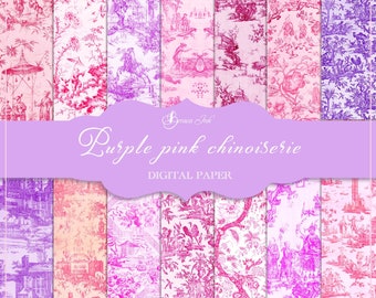 Purple pink chinoiserie digital paper, asian pattern, Chinese wallpaper, geisha paper, Japanese backdrop, fabric pattern, floral scrapbook