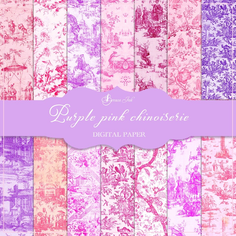 Purple pink chinoiserie digital paper, asian pattern, Chinese wallpaper, geisha paper, Japanese backdrop, fabric pattern, floral scrapbook image 1