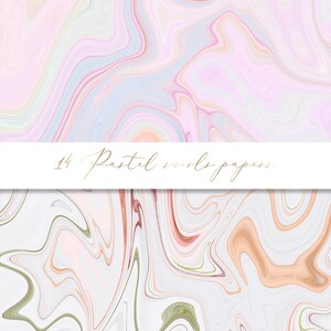 K&ouml;nnte beinhalten: Ein digitales Papierpaket mit 14 Pastell-Wirbelmustern. Die Muster sind in den Farben Rosa, Blau, Gr&uuml;n und Orange gehalten. Die Wirbel sind abstrakt und &auml;hneln Marmor.