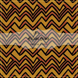 May include: A digital paper pattern with a chevron design in black, red, and gold. The pattern is seamless and can be used for a variety of projects, such as scrapbooking, card making, and digital design. The text "African Tribes Digital Paper" is included in the image.