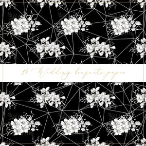 Wedding bouquets digital paper, seamless pattern, black and white flowers, floral line art, leaves background, flower wallpaper, invitation image 2