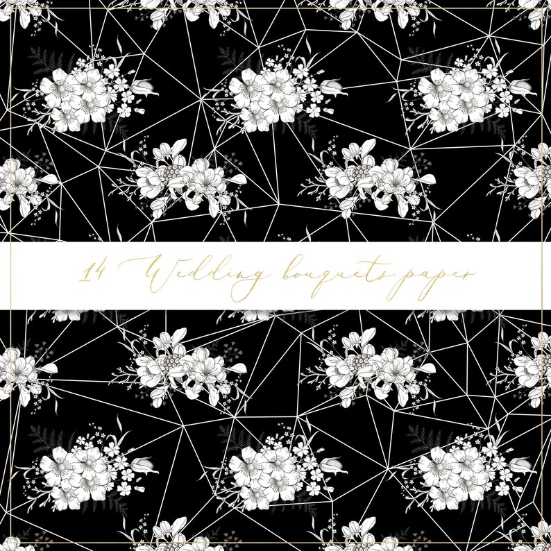 Wedding bouquets digital paper, seamless pattern, black and white flowers, floral line art, leaves background, flower wallpaper, invitation image 2