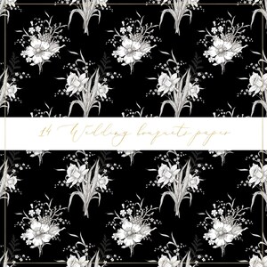 May include: Black and white seamless pattern featuring 14 different wedding bouquets. The bouquets are made of various flowers, including daffodils, anemones, and forget-me-nots. The pattern is perfect for creating wedding invitations, stationery, and other wedding-related projects.