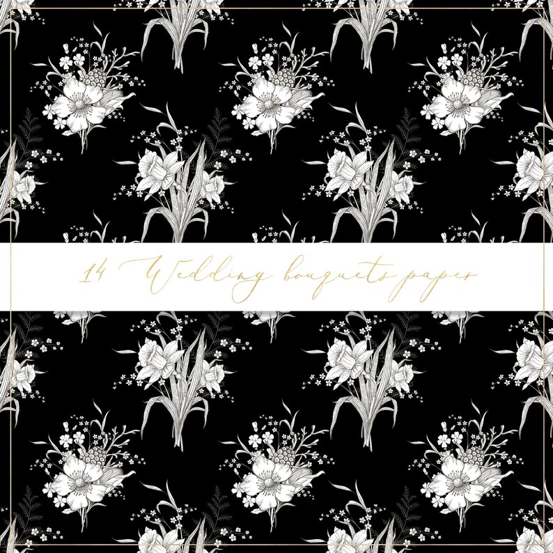 May include: Black and white seamless pattern featuring 14 different wedding bouquets. The bouquets are made of various flowers, including daffodils, anemones, and forget-me-nots. The pattern is perfect for creating wedding invitations, stationery, and other wedding-related projects.