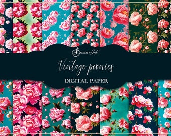 Vintage peonies digital paper, seamless pattern, vintage peony watercolor, floral wallpaper, pink background, botanical backdrop