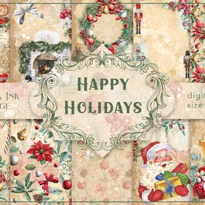 Happy Holidays digital paper, printable Christmas background, vintage ephemera, scrapbooking supplies, winter junk journal, Christmas card